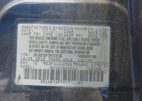 2017 Nissan Sentra S z USA, uszkodzony, nr VIN 3N1AB7AP7HY376184